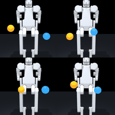 A trained ACT policy driving both arms to orange and blue targets in the MuJoCo twin from the camera view alone